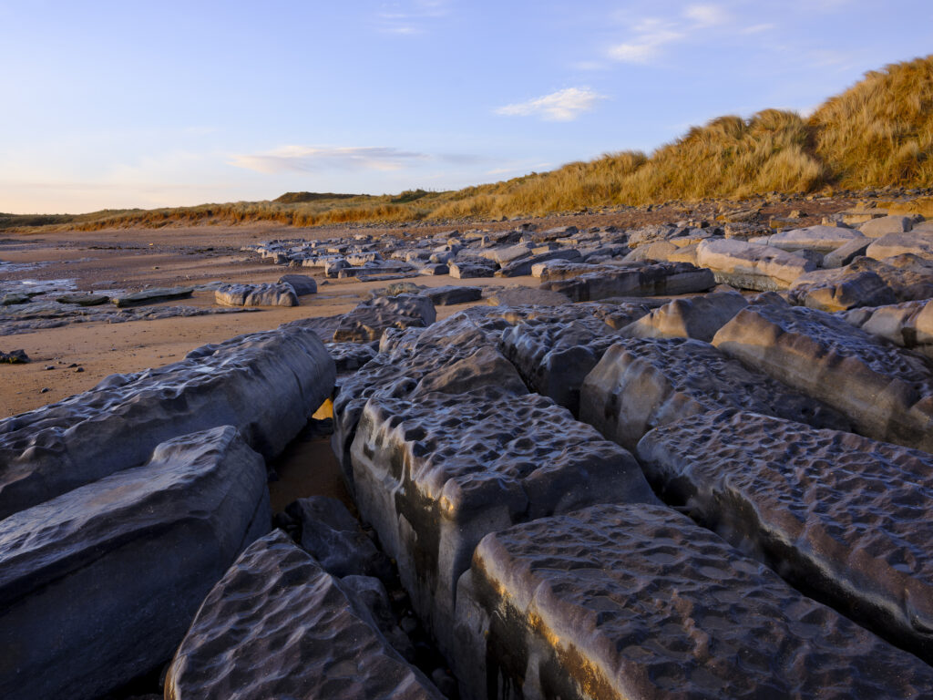 England, Northumberland, Cocklawburn Beach. The unique limestone geology of Cocklawburn Beach viewed at dawn.