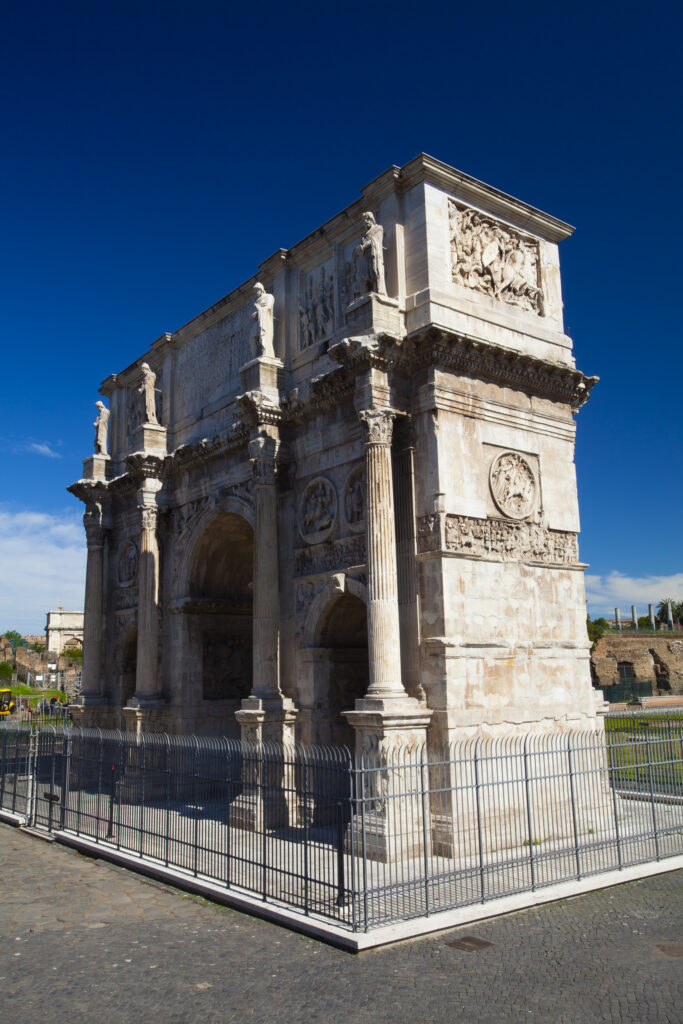 Italy, Lazio, Rome. Constantine Arch near the Colosseum or Roman Coliseum, originally the Flavian Amphitheatre