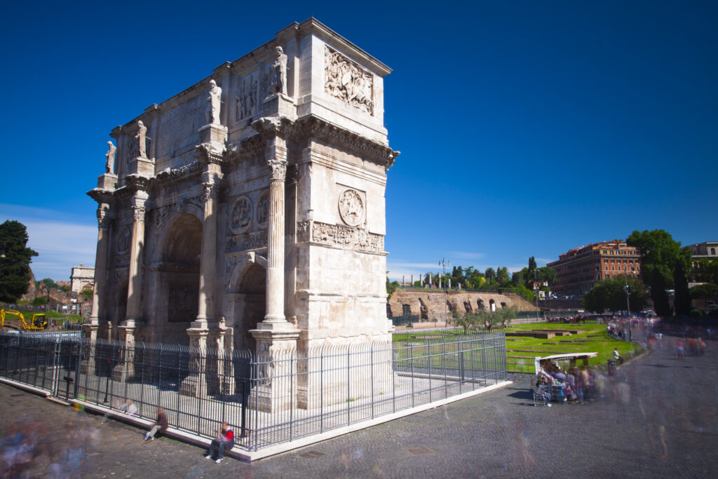 Italy, Lazio, Rome. Constantine Arch near the Colosseum or Roman Coliseum, originally the Flavian Amphitheatre