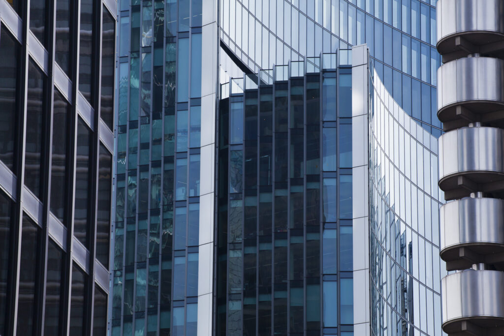 England, Greater London, The City of London. Abstract view of modern architecture including the Lloyds building, in the financial square mile in the City of London.