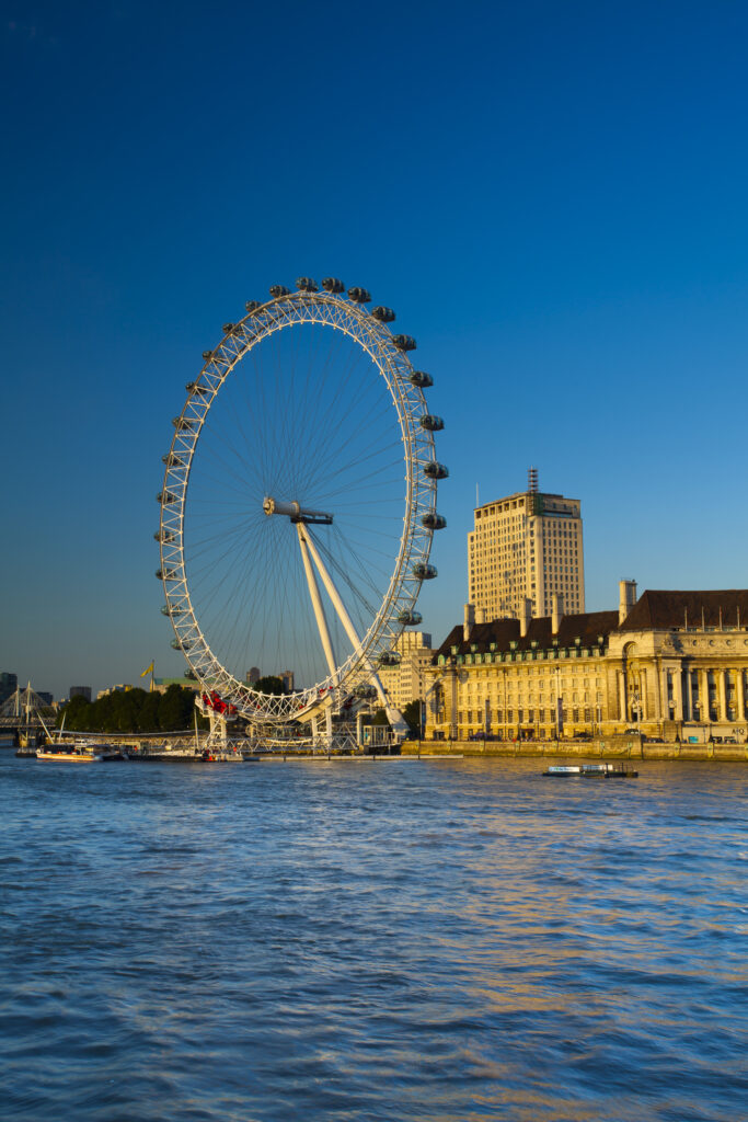 England, Greater London, London Borough of Lambeth. The London Eye (also known as the Millennium Wheel), the tallest Ferris wheel in Europe located on the south bank of the River Thames.