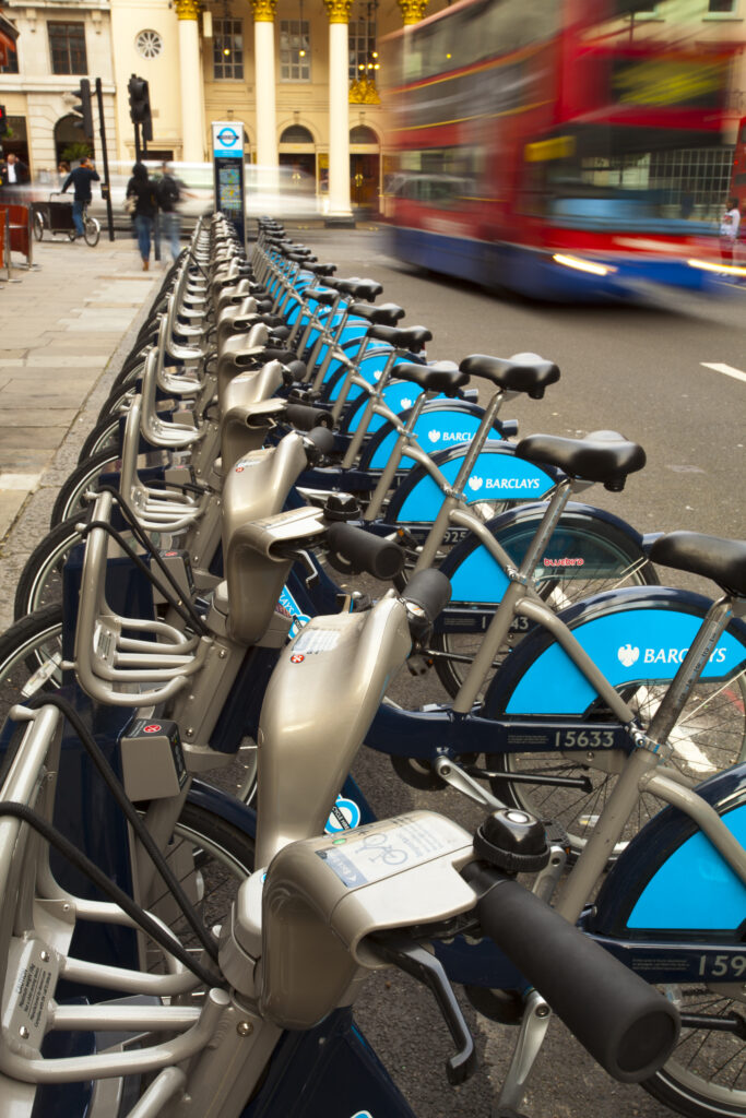 England, Greater London, City of Westminster. London Barclays Cycle Hire docking station located near the Theatre Royal Haymarket in the city of London. The London Cycle Hire scheme has been nicknamed 'Boris Bikes' after the present mayor, Boris Johnson, who introduced the scheme.