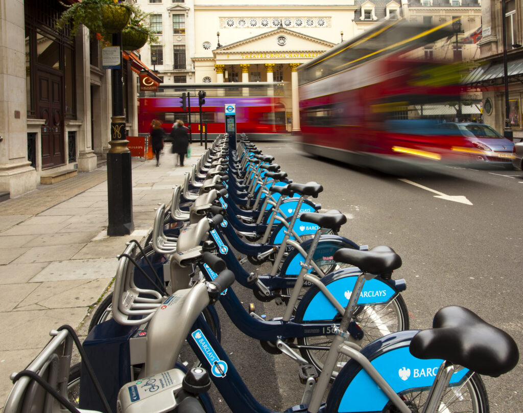 England, Greater London, City of Westminster. London Barclays Cycle Hire docking station located near the Theatre Royal Haymarket in the city of London. The London Cycle Hire scheme has been nicknamed 'Boris Bikes' after the present mayor, Boris Johnson, who introduced the scheme.