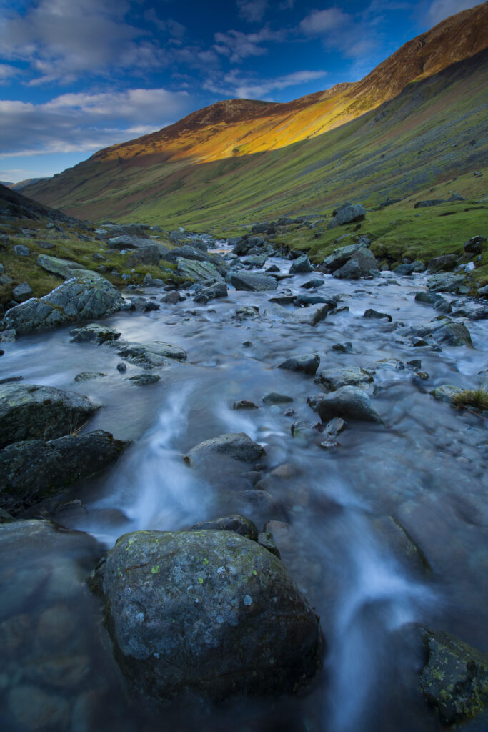 England, Cumbria, The Lake District. The Gatesgarthdale Beck running downstream towards Bettermere from the Honister Pass.