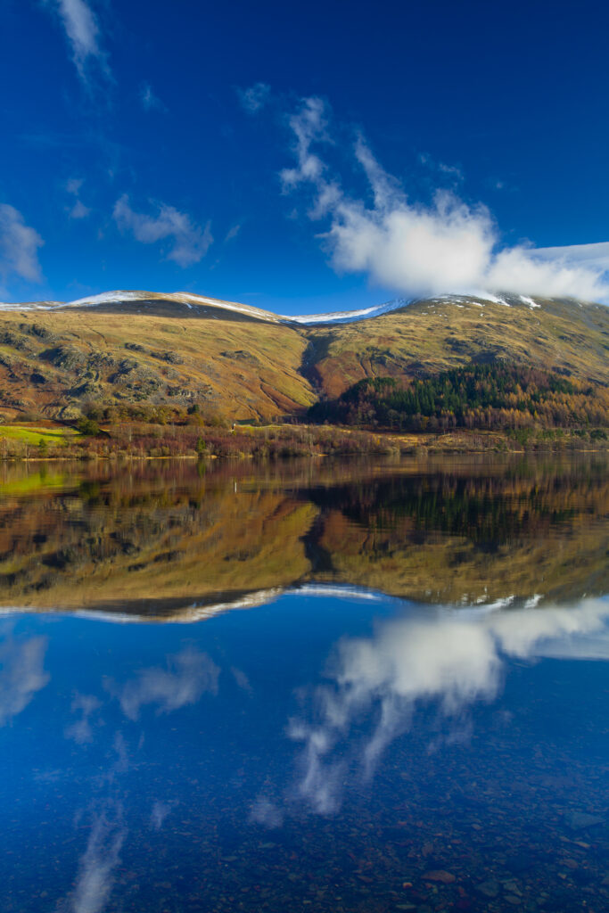 England, Cumbria, Lake District National Park. Lakeland hills reflected upon the still face of the Thirlmere Reservoir