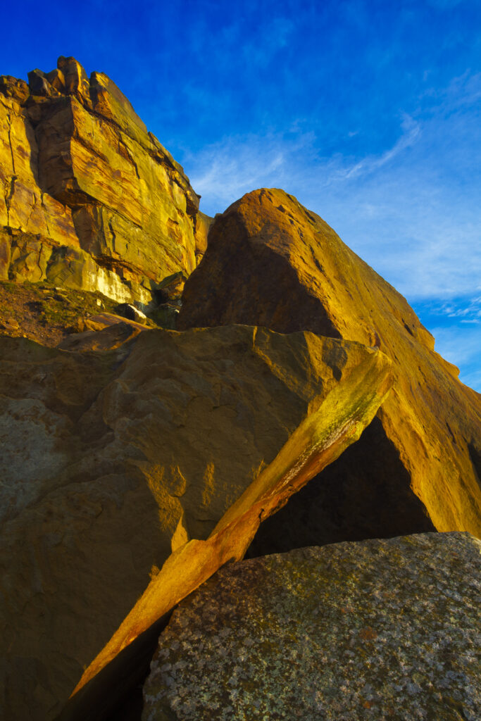England, North Yorkshire, North York Moors National Park. The summit face of Roseberry Topping, a distinctive Hill in the North York Moors National Park known as the 'Matterhorn of the North'.
