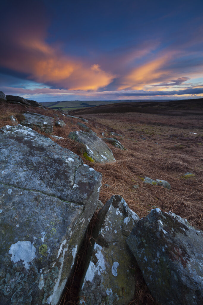 England, Northumberland, Northumberland National Park. Sunset above Caudhole Moss, viewed from the St Oswald's Way track near the town of Rothbury.