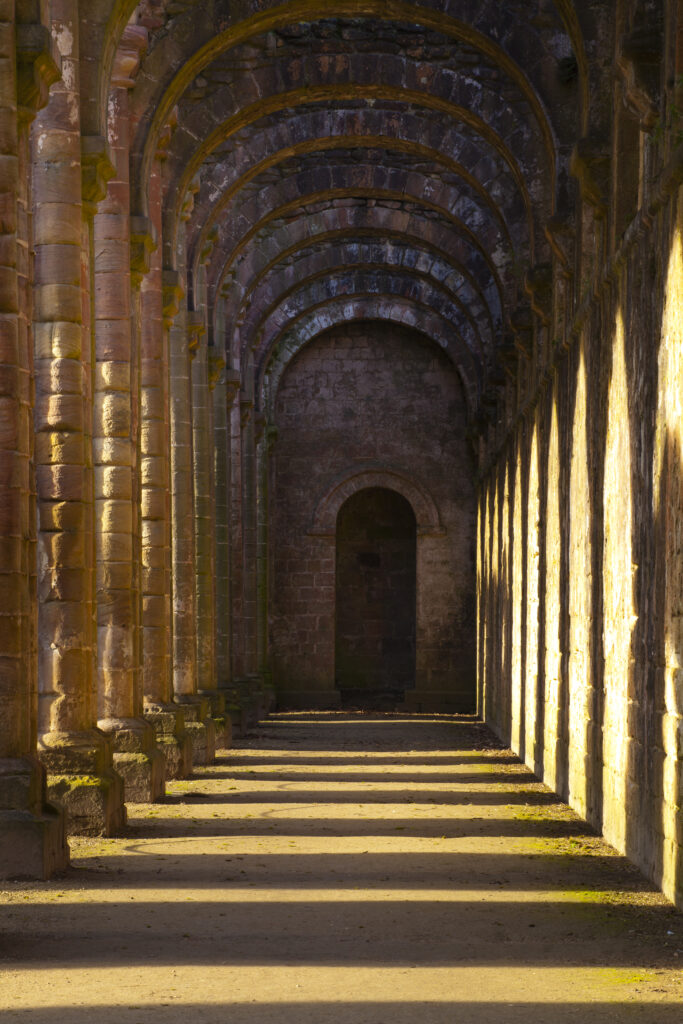 England, North Yorkshire, Fountains Abbey and Studley Royal World Heritage Site. Archetecture of Fountains Abbey, part of the Fountains Abbey and Studley Royal World Heritage Site located near Ripon.