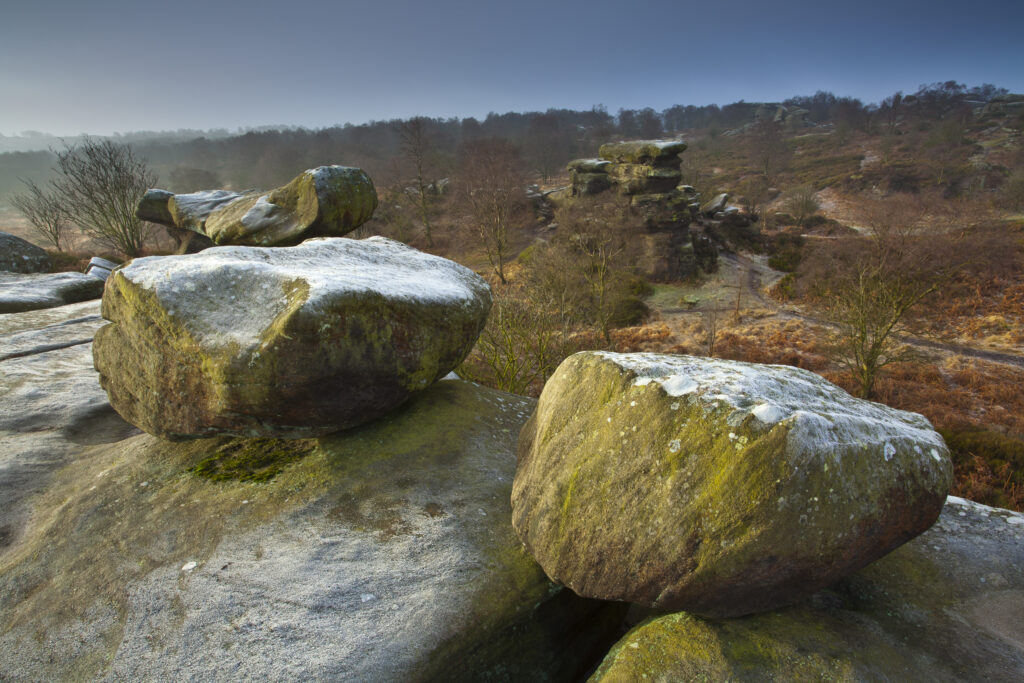 England, North Yorkshire, Brimham Rocks. Unique Rock formations of Brimham Rocks at Brimham in Nidderdale, found scattered over the wild expanse of Brimham Moor.