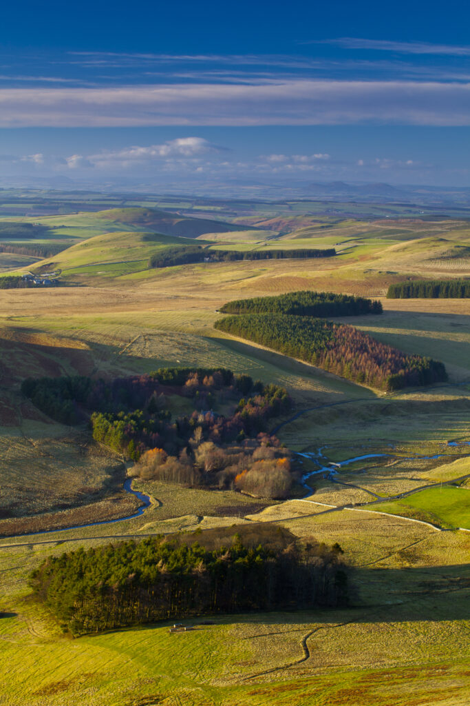 Scotland, Scottish Borders, Dere Street Roman Road. View from the Dere Street Roman Road looking toward the rolling uplands of the Borders and the distant Eildon Hills.