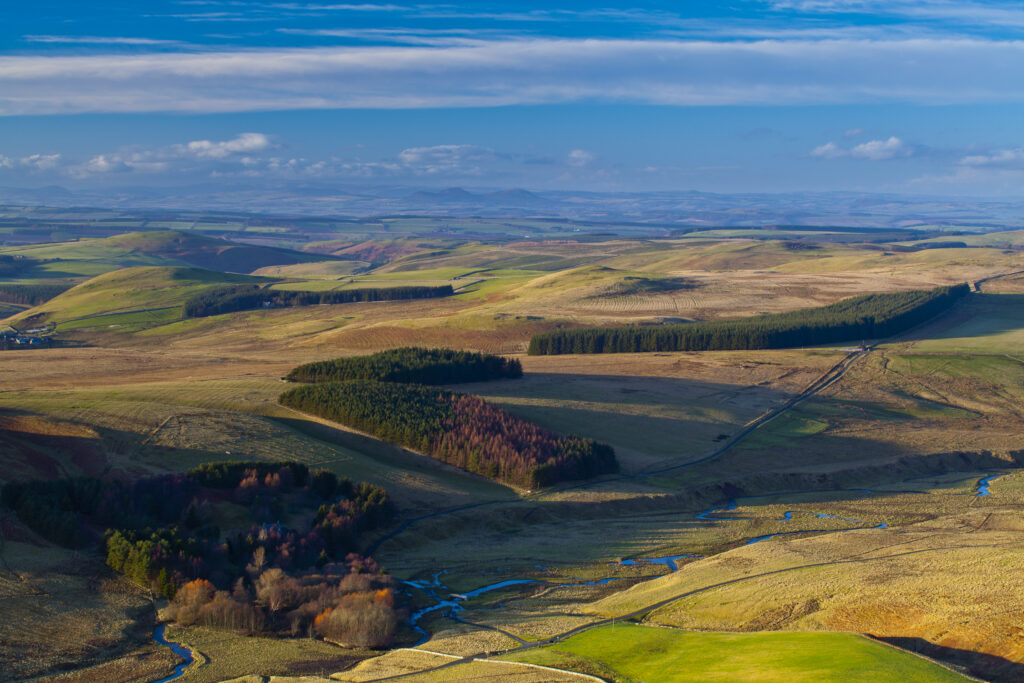 Scotland, Scottish Borders, Dere Street Roman Road. View from the Dere Street Roman Road looking toward the rolling uplands of the Borders and the distant Eildon Hills.