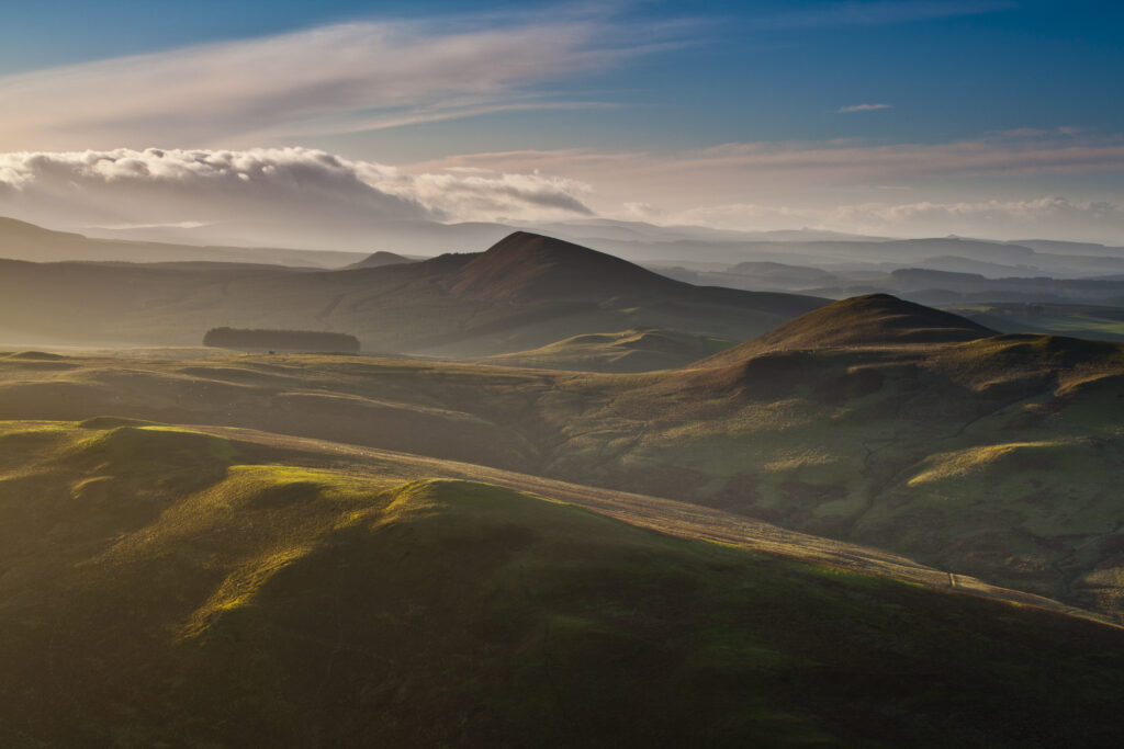 Scotland, Scottish Borders, Dere Street Roman Road. View from the Dere Street Roman Road looking toward the rolling uplands of the Borders and the English Border Ridge.