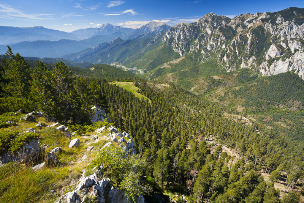 Spain, Catalonia, Pyrenees, Bagà. The Pyrenees mountain range in the Cadí-Moixeró Natural Park near Bagà.