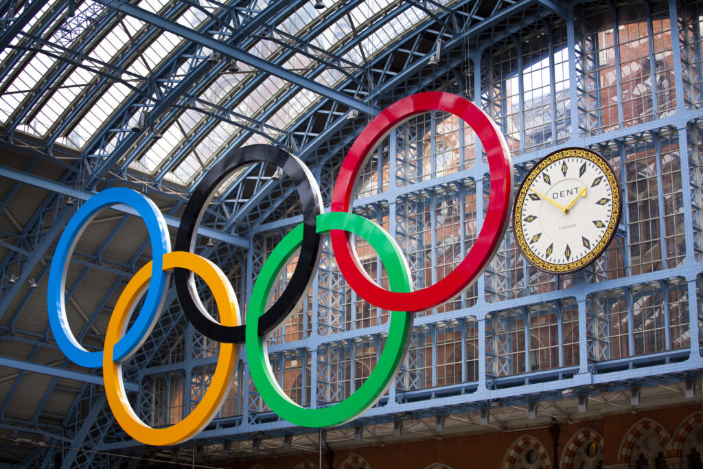 England, Greater London, London Borough of Camden. Olympic sign celebrating the 2012 London Olympics on display in the London St Pancras Internationa railway station near King's Cross.