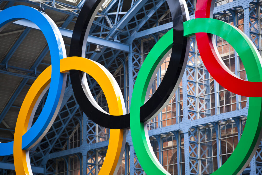 England, Greater London, London Borough of Camden. Olympic sign celebrating the 2012 London Olympics on display in the London St Pancras Internationa railway station near King's Cross.