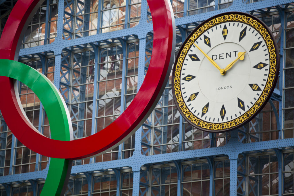 England, Greater London, London Borough of Camden. Olympic sign celebrating the 2012 London Olympics on display in the London St Pancras Internationa railway station near King's Cross.
