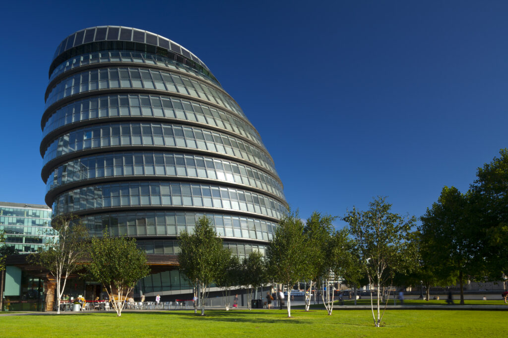 England, London, Southwark. City Hall is the headquarters of the Greater London Authority (GLA) which comprises the Mayor of London and London Assembly. and is located near Tower Bridge on the River Thames.