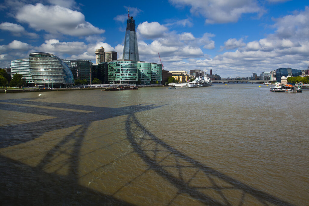 England, London, Southwark. View from the London Tower Bridge Looking towards the City Hall and the South Bank of the River Thames.