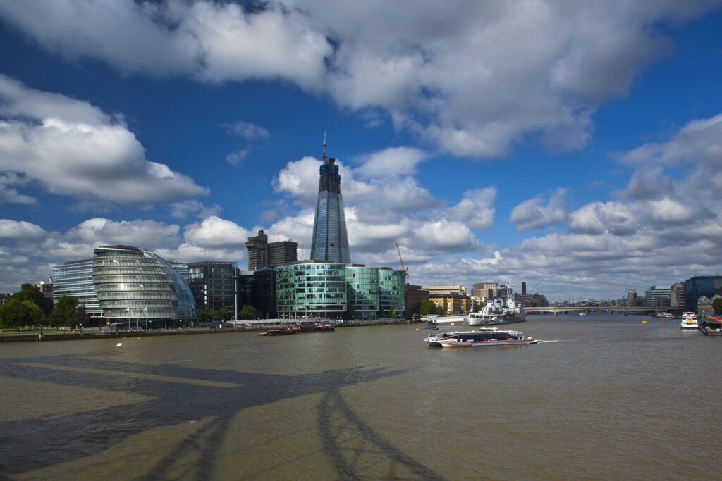 England, London, Southwark. View from the London Tower Bridge Looking towards the City Hall and the South Bank of the River Thames.