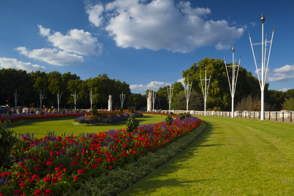 England, London, Memorial Gardens. South and West Africa gates and the Memorial Gardens, part of the popular St James's Park near Buckingham Palace.