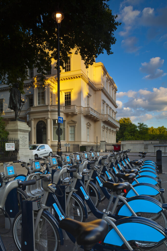 England, London, Pall Mall. London Cycle hire station located in Waterloo Place, upon Pall Mall in the City of Westminster.