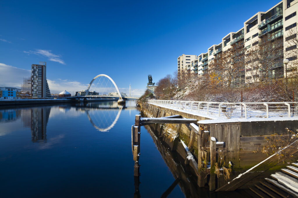 Scotland, Glasgow, Glasgow City. Glasgow's Clyde Arc bridge. More commonly known as the Squinty Bridge, and the Clyde Quayside redevelopment area.