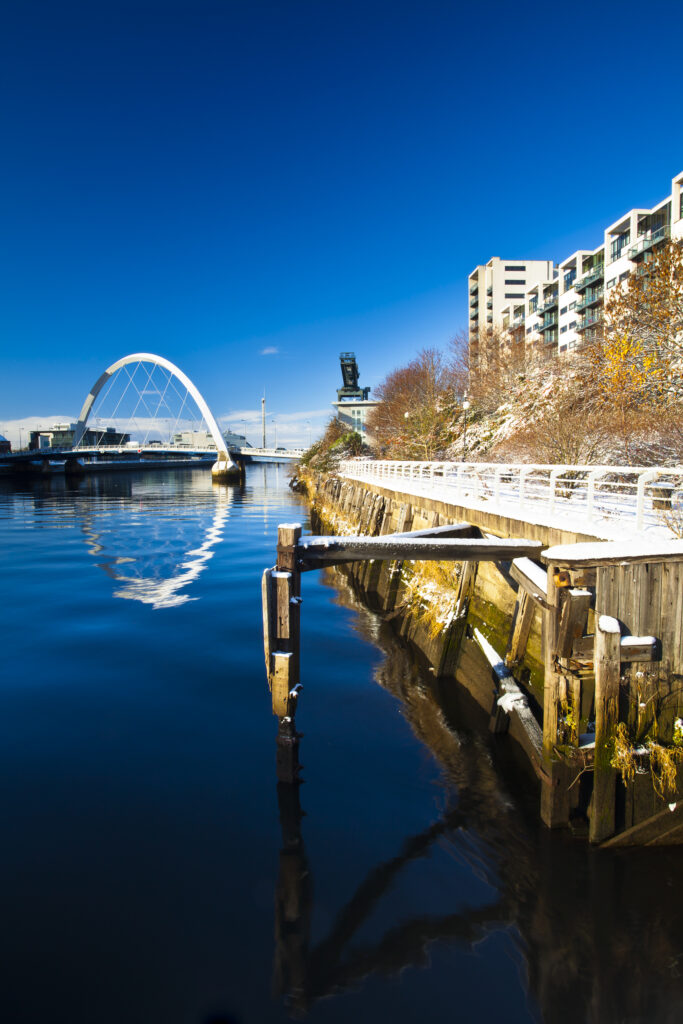Scotland, Glasgow, Glasgow City. Glasgow's Clyde Arc bridge. More commonly known as the Squinty Bridge, and the Clyde Quayside redevelopment area.