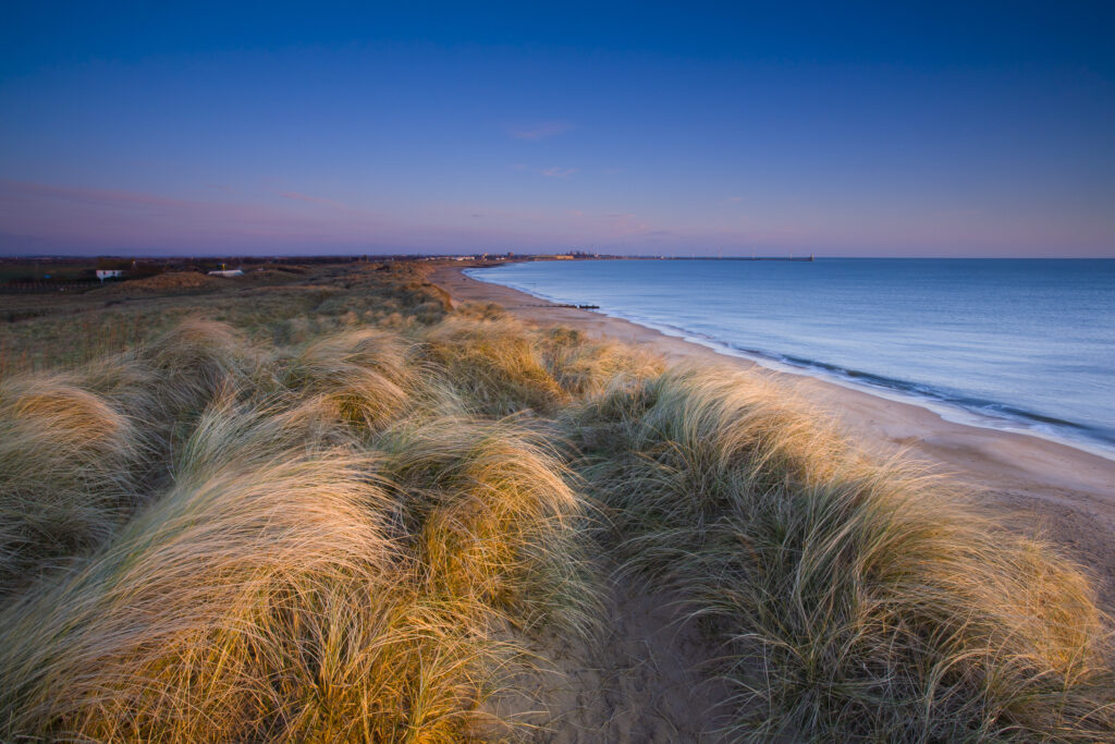 England, Northumberland, Blyth. Blyth Beach and sand dunes shortly after dawn.