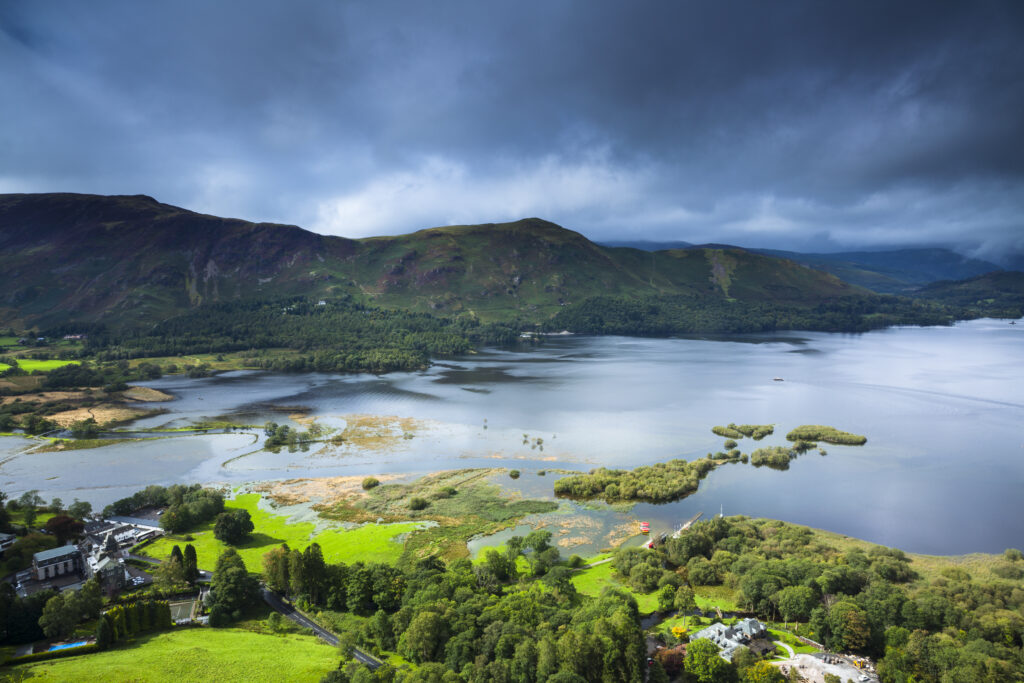England, Cumbria, Lake District National Park. Derwentwater, a lake near the town of Keswick, flooded after an extreme autumn storm.