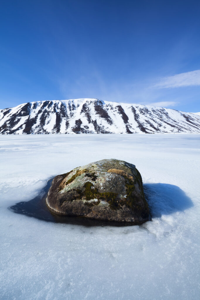 Scotland, Scottish Highlands, Cairngorms National Park. The frozen expanse of Loch Muich, located on the royal estate of Balmoral.