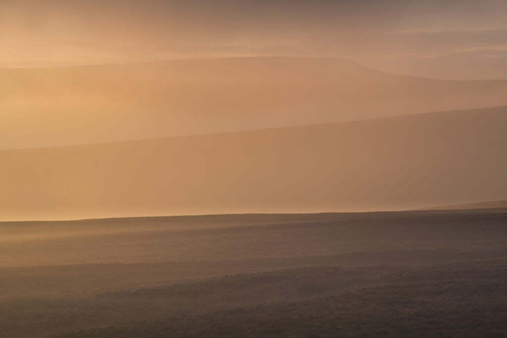 England, Cumbria, Alston Moor. Morning mist and fog covers the North Pennine hills near Alston Moor in Cumbria.