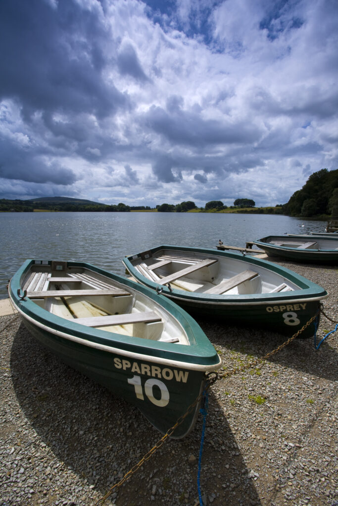England, Cumbria, Talkin Tarn Country Park. Rowing boats on the shore of the Talkin Tarn near Carlisle.