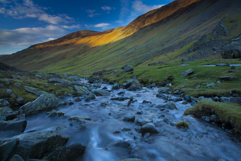 England, Cumbria, The Lake District. The Gatesgarthdale Beck running downstream towards Bettermere from the Honister Pass.