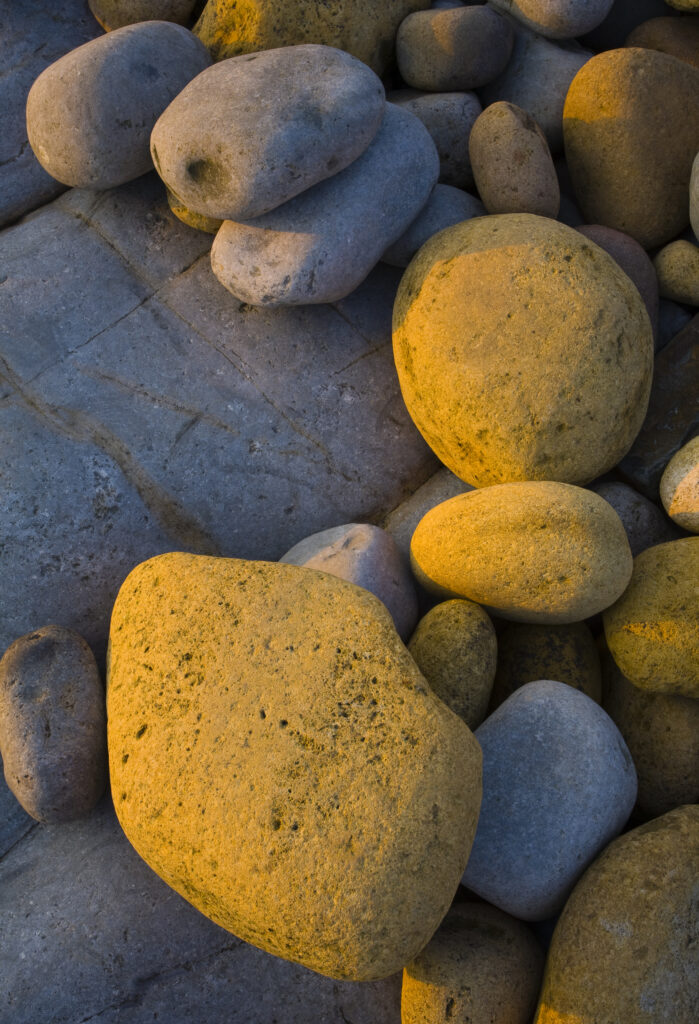 England, Northumberland, Beadnell. Soft morning light bathes round boulders on a stretch of the Northumberland Coast.
