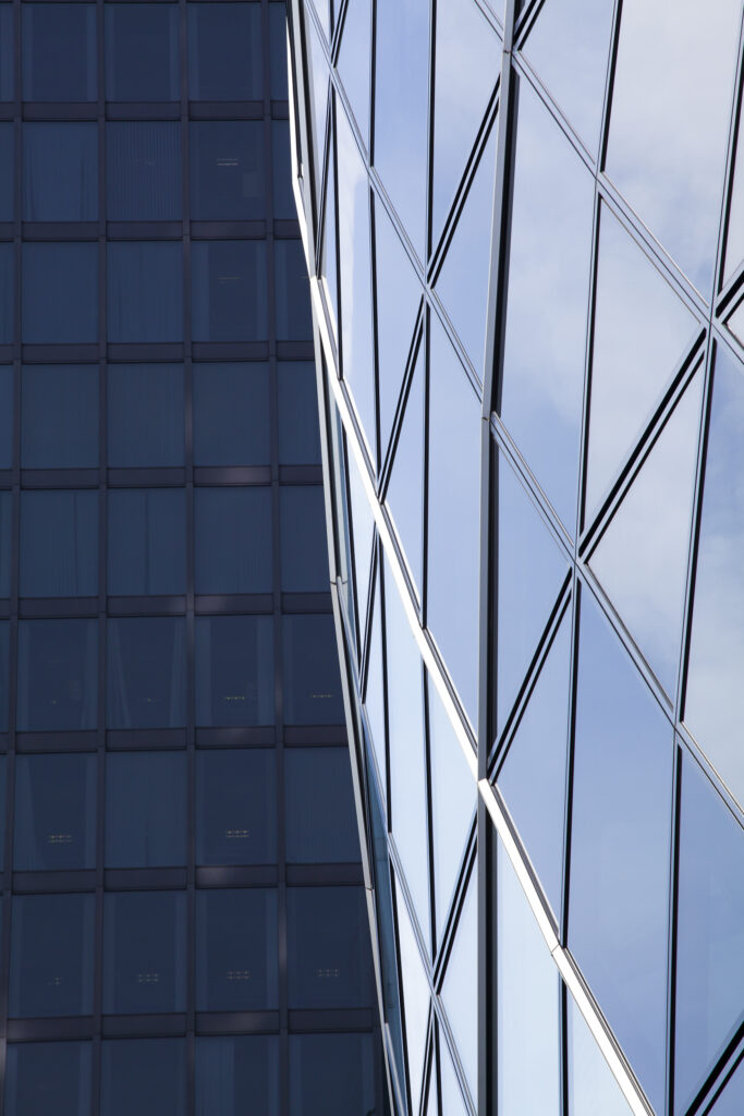 England, Greater London, The City of London. Abstract view of modern architecture including the famous Gherkin building, in the financial square mile in the City of London.