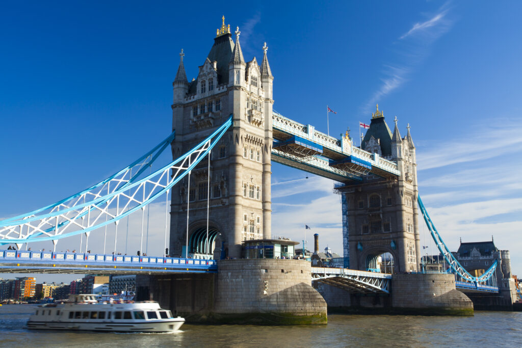 England, Greater London, Pool of London. The iconic Tower Bridge which spans the River Thames near the Tower of London.