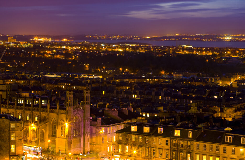 Scotland, Edinburgh, Calton Hill. Looking accross Edinburgh City New Town to the River Forth.