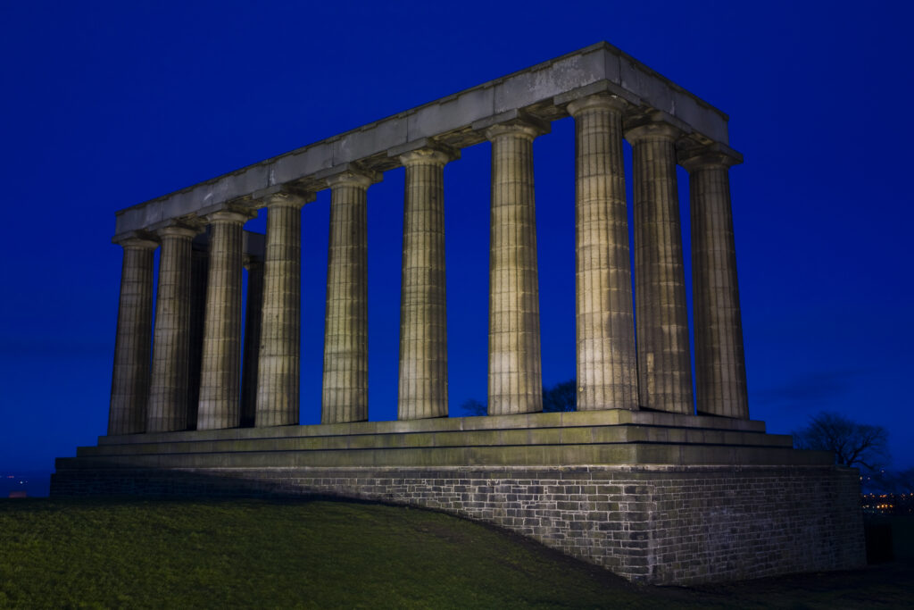 Scotland, Edinburgh, Calton Hill. The National Monument on Calton Hill, known by many as Edinburgh's Disgrace as it is considered to be an incomplete construction due to lack of available funds.