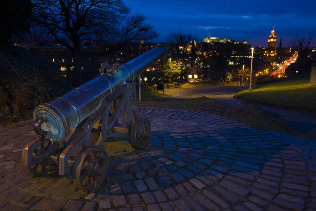 Scotland, Edinburgh, Calton Hill. The Portuguese Cannon was captured by the British during the invasion of Burma in 1885. Subsequently donated to the City of Edinburgh, where it was placed in its present location on Calton Hill in 1887.