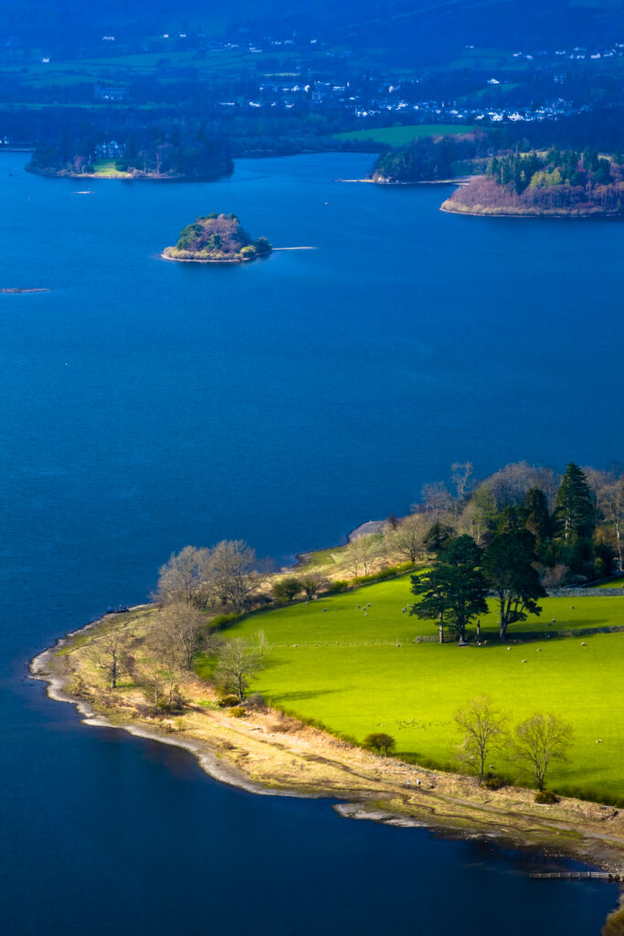 England, Cumbria, Lake District National Park. Derwentwater, with Derwent Island and Keswick in the distance, viewed from Surprise View On Gowder Crag.