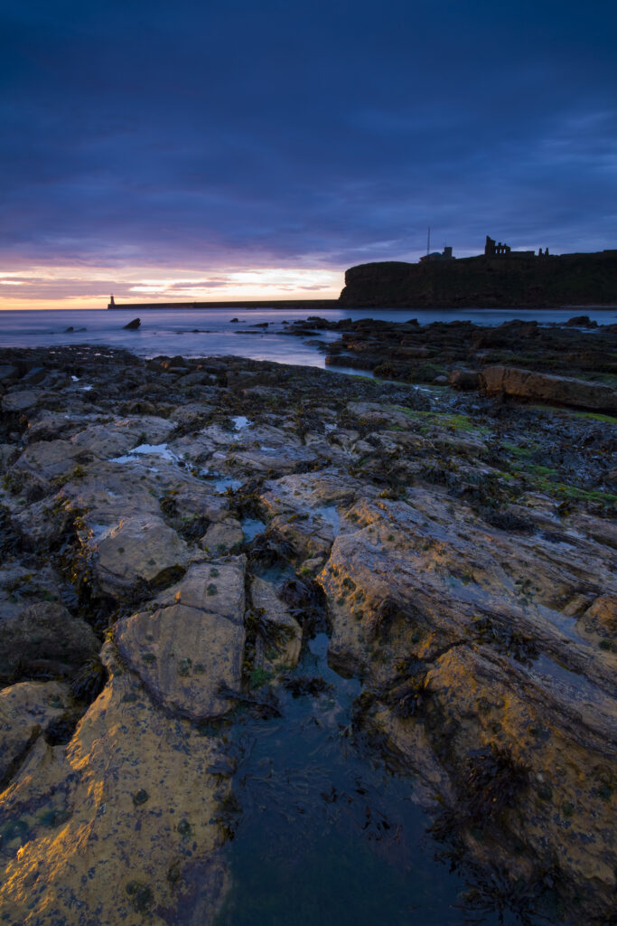 Sunrise over King Edward's Bay viewed from near Sharpness Point. The remains of Tynemouth Priory can be seen to the right.