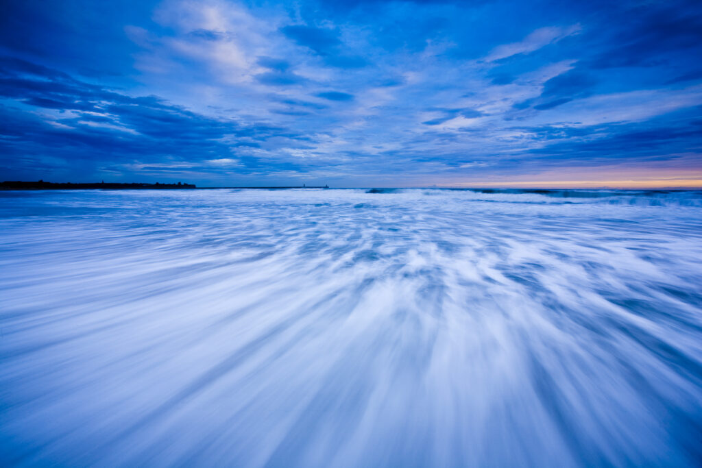 The North Sea crashes onto the sandy beach at South Shields.