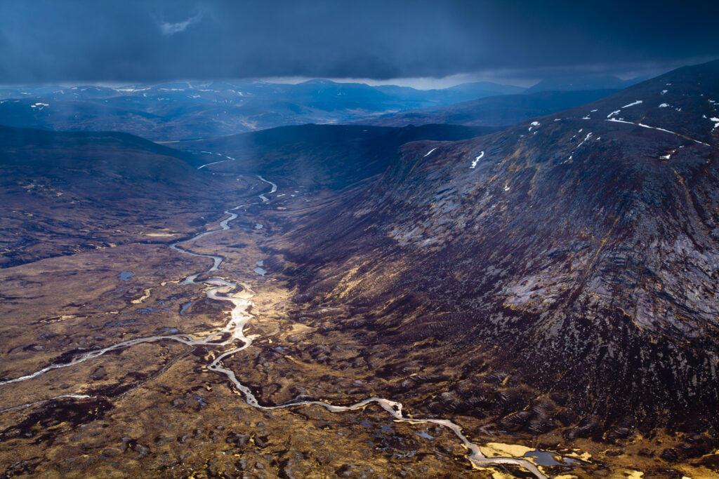 Scotland, Scottish Highlands, Cairngorms National Park. Glen Geusachan and Geusachan Burn viewd from the summit of The Devil's Point.