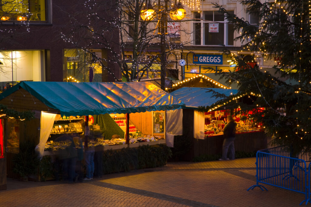 England, West Midlands, Birmingham City. Christmas decorations at the Frankfurt Christmas Market held at Victoria Square and Upper New Street in Birmingham City Centre.