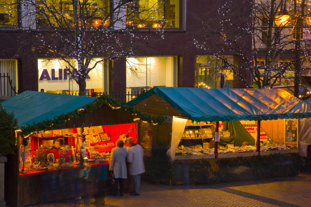 England, West Midlands, Birmingham City. Christmas decorations at the Frankfurt Christmas Market held at Victoria Square and Upper New Street in Birmingham City Centre.