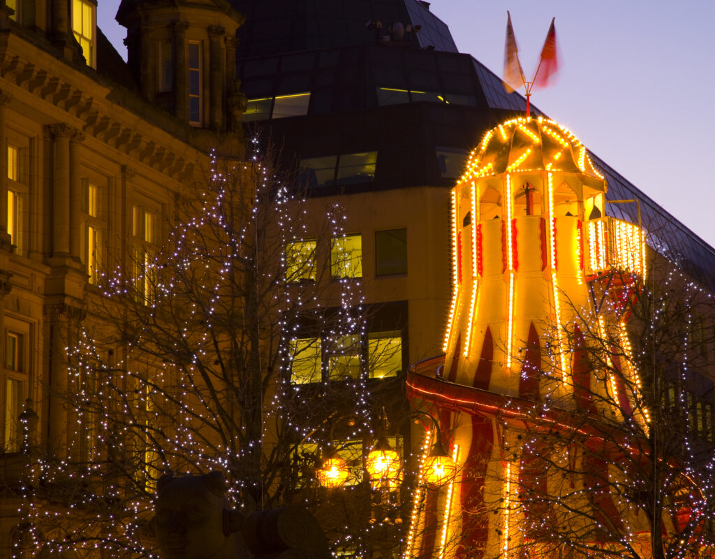 England, West Midlands, Birmingham City. Christmas decorations at the Frankfurt Christmas Market held at Victoria Square and Upper New Street in Birmingham City Centre.