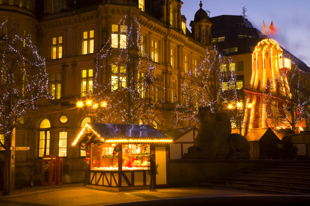 England, West Midlands, Birmingham City. Christmas decorations at the Frankfurt Christmas Market held at Victoria Square and Upper New Street in Birmingham City Centre.