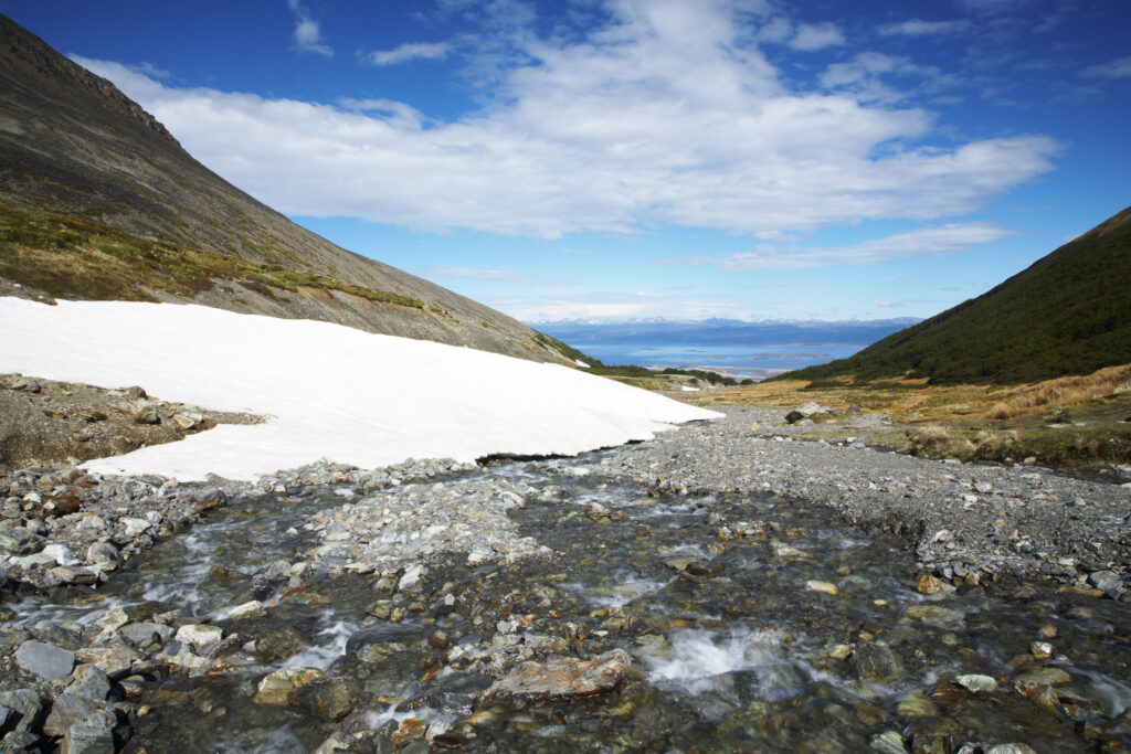 Argentina, Tierra Del Fuego, Ushuaia. Steam running through a mountain valley near Ushuaia.