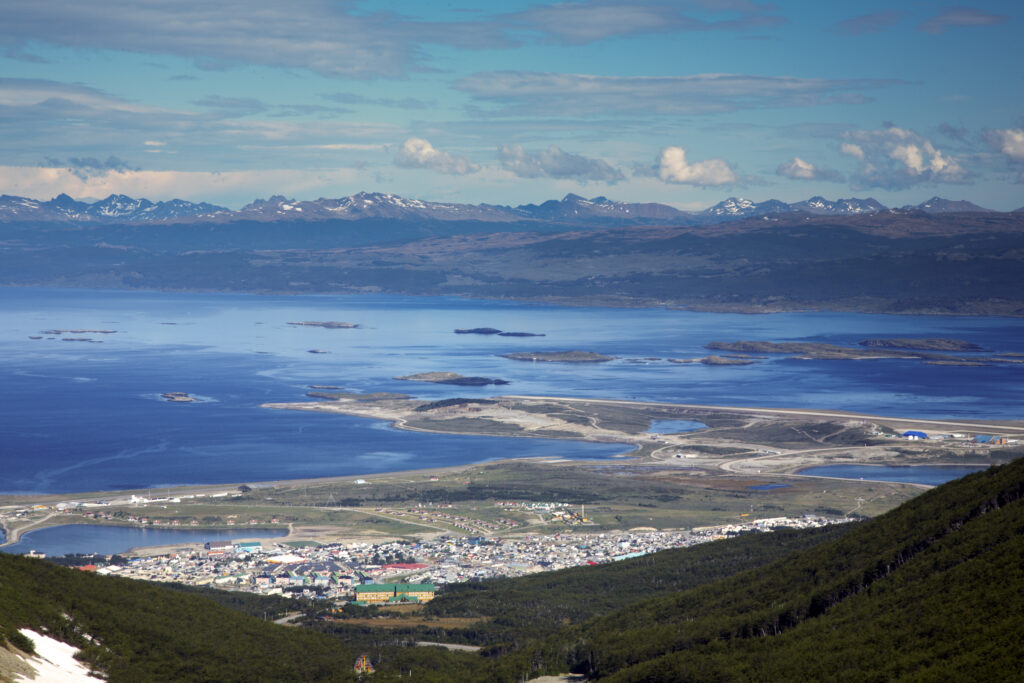 Argentina, Tierra Del Fuego, Ushuaia. Looking back towards Ushuaia from the mountain peaks near Glaciar Martial.