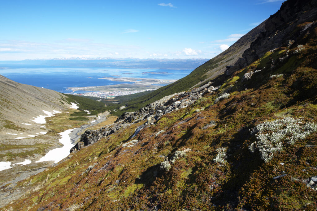 Argentina, Tierra Del Fuego, Ushuaia. Looking back towards Ushuaia from the mountain peaks near Glaciar Martial.